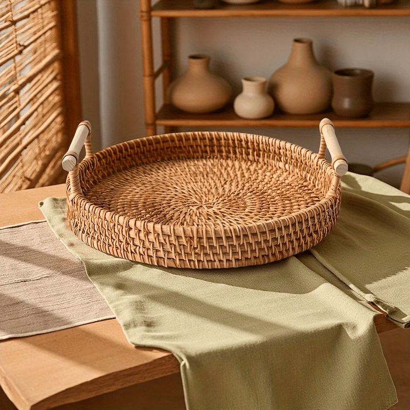 Bandeja redonda de vime feita  - Rattan Tray Handle avaliação e preço